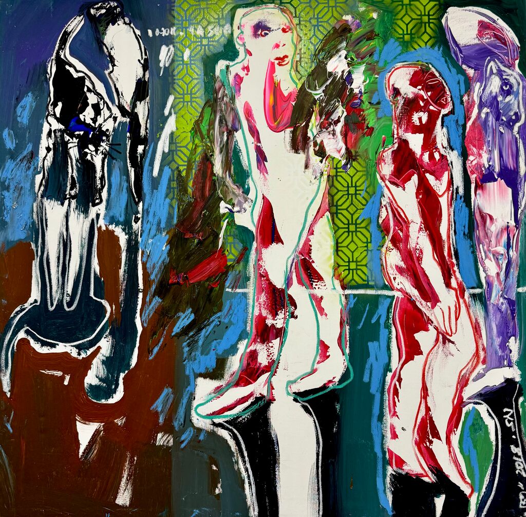 A vibrant, abstract composition of four stylized figures in a dynamic, colorful setting.