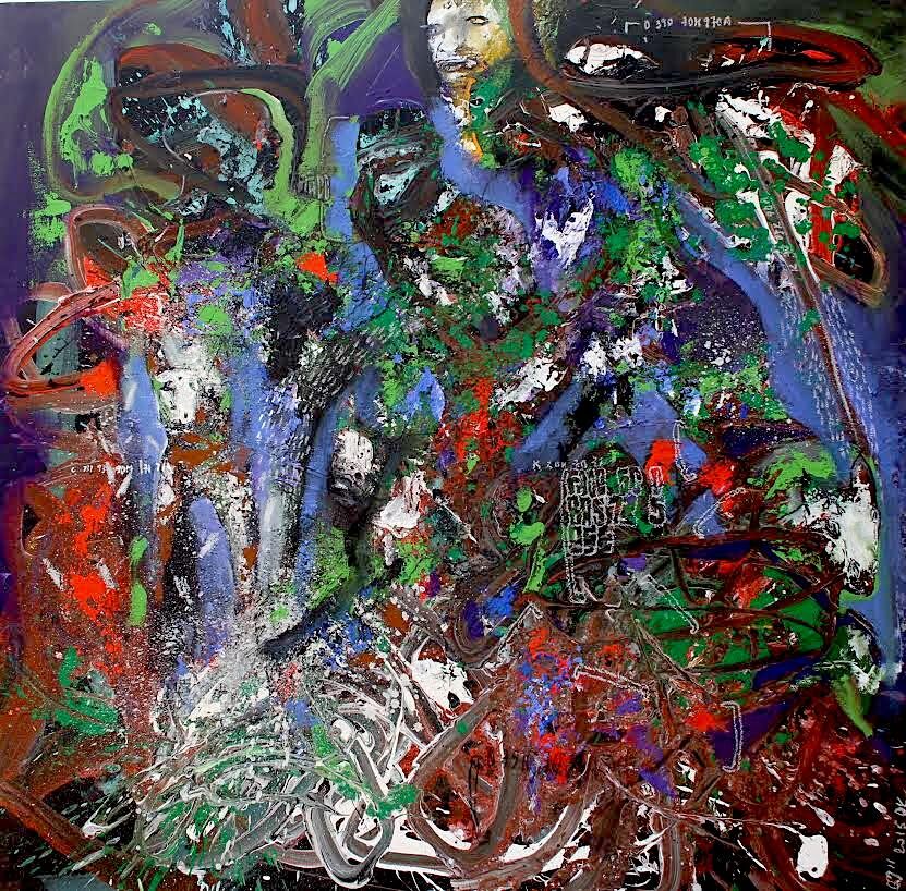 A chaotic abstract composition featuring a central face amidst swirling, vibrant colors.