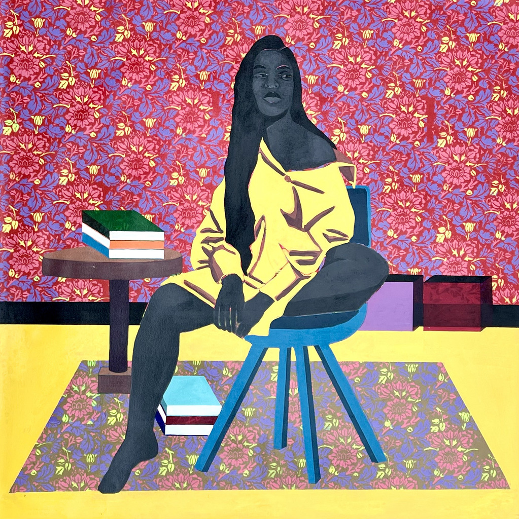 A stylized portrait of a seated figure in a yellow top against a vibrant floral background.