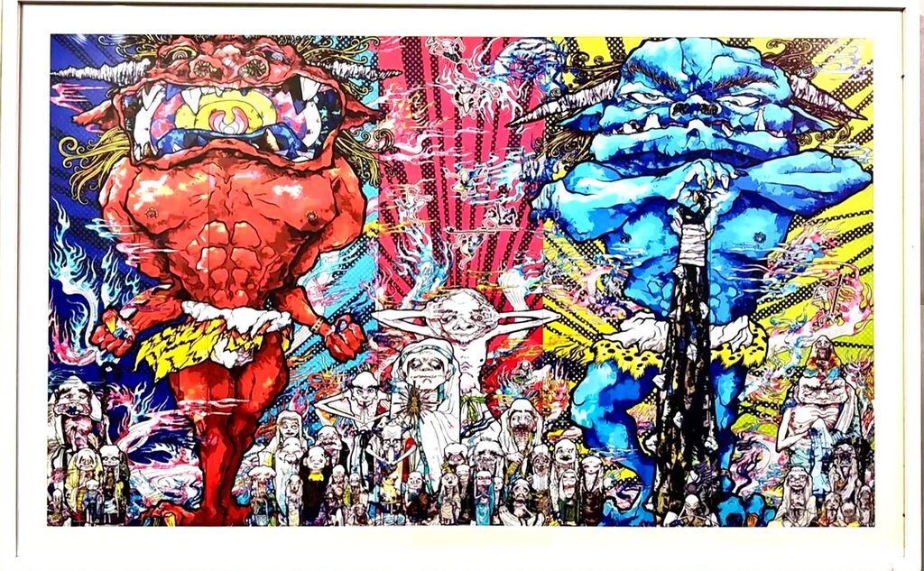 A chaotic, high-contrast illustration featuring two massive mythical figures flanking a central group of smaller, distressed figures.