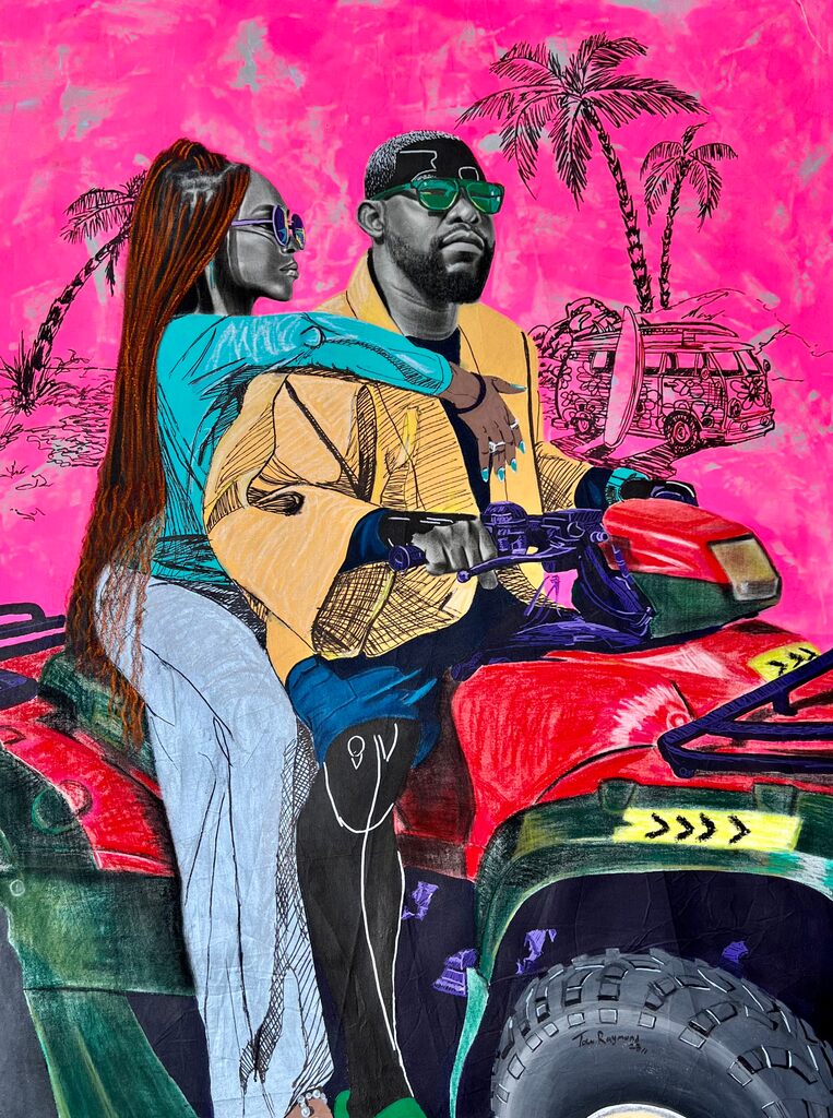 A vibrant illustration of a couple on an ATV against a pink background.