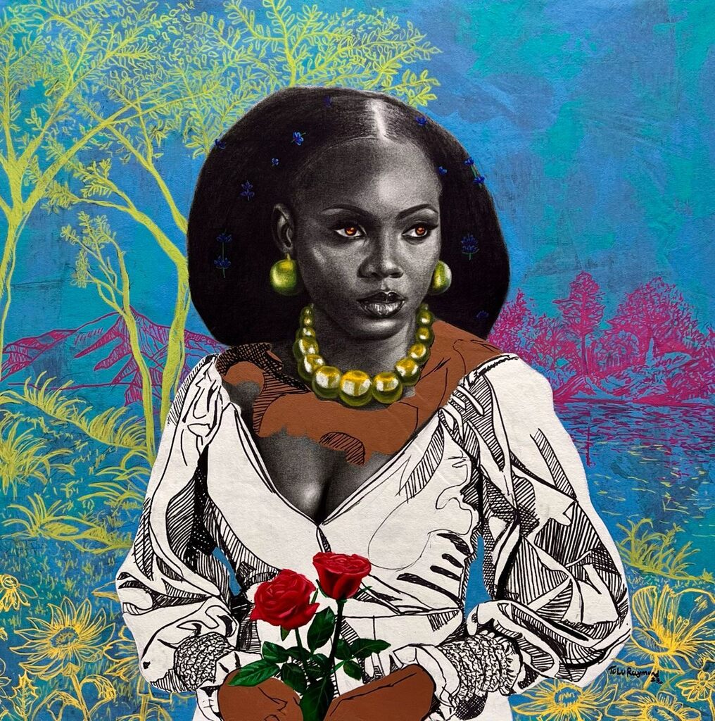 A striking portrait of a figure with an intricate, mixed-media aesthetic holding red roses.