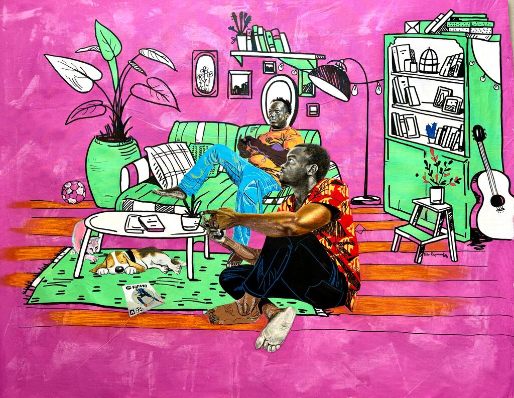 A vibrant, stylized interior scene featuring two figures relaxing in a colorful living room with bold pink and green tones.