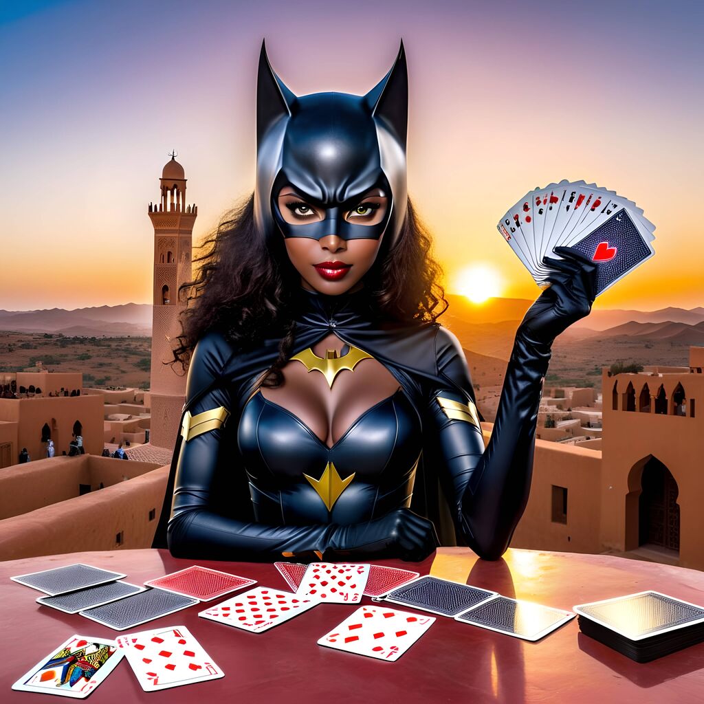 A figure in a black and gold costume with pointed ears holds playing cards against a desert landscape at sunset.