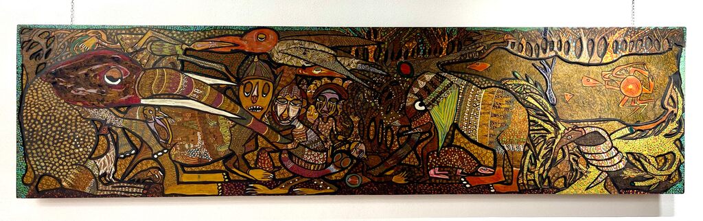 A dense, horizontal tapestry-like artwork filled with stylized figures and animals in earthy tones.