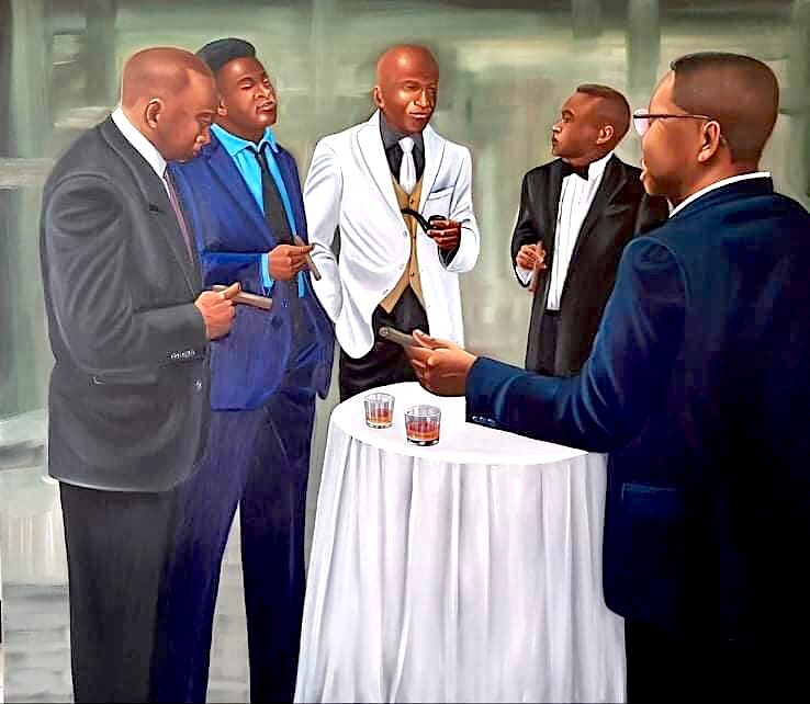 A formal gathering of five men in suits, some holding cigars, around a small table with drinks.