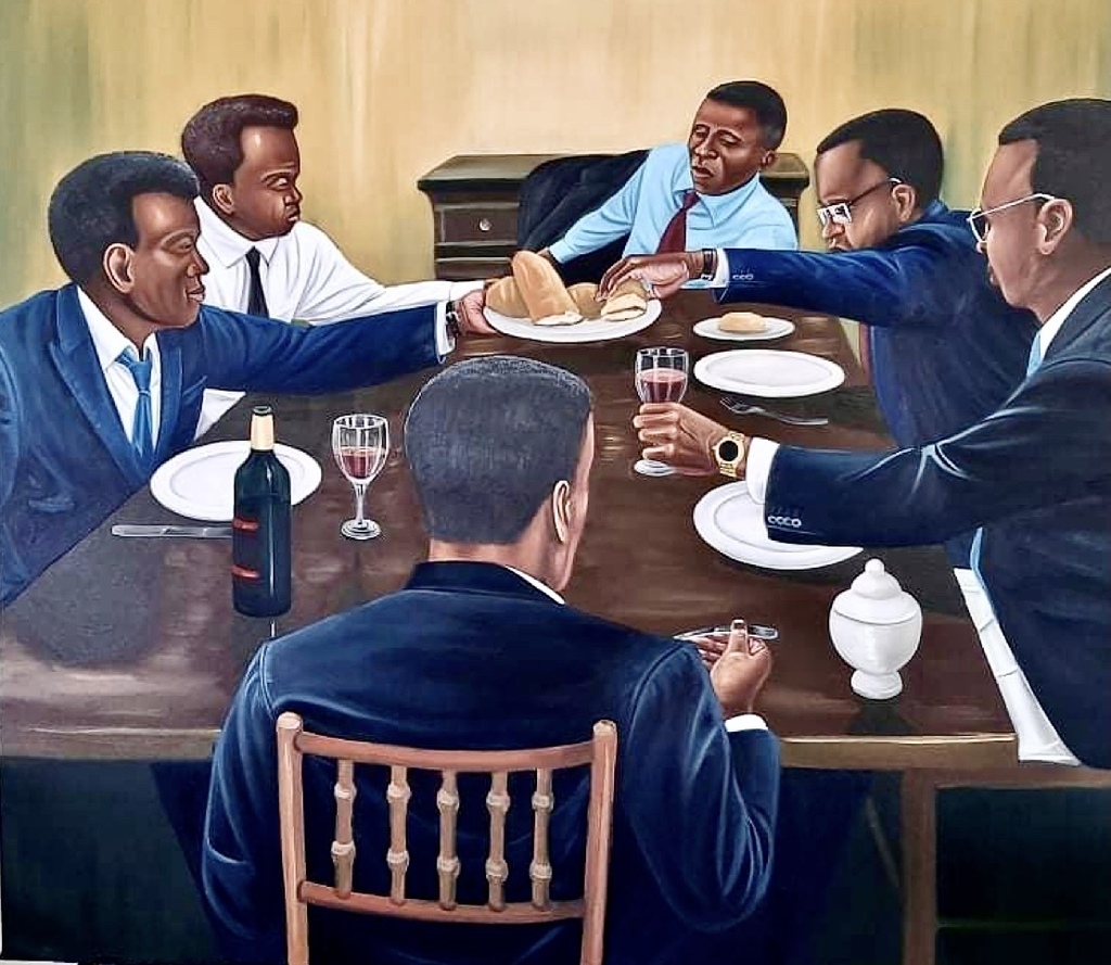 A formal dining scene featuring six figures in suits around a table laden with wine and bread.