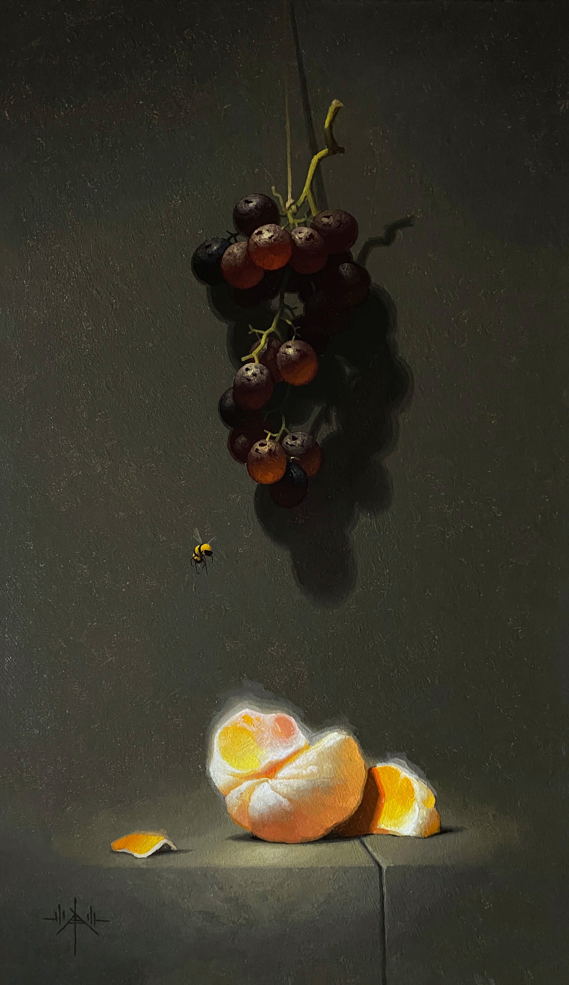 A painting of a bunch of grapes and an orange on a table.