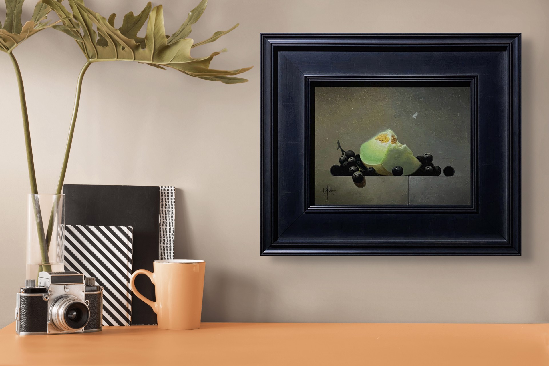 A painting of a piece of cheese and some blackberries.