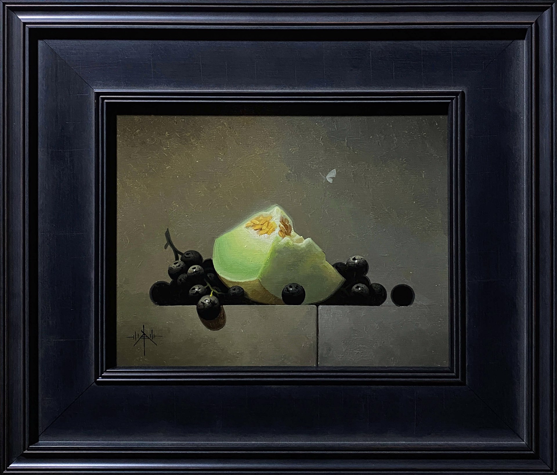 A painting of a piece of cheese and some blackberries.