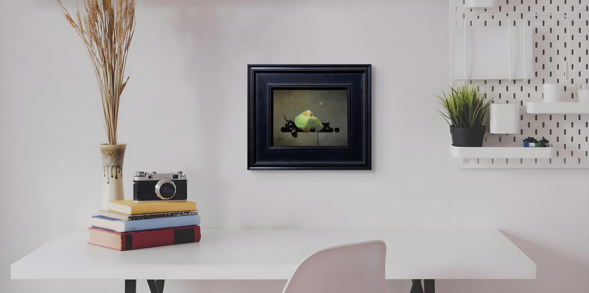 A painting of a piece of cheese and some blackberries.