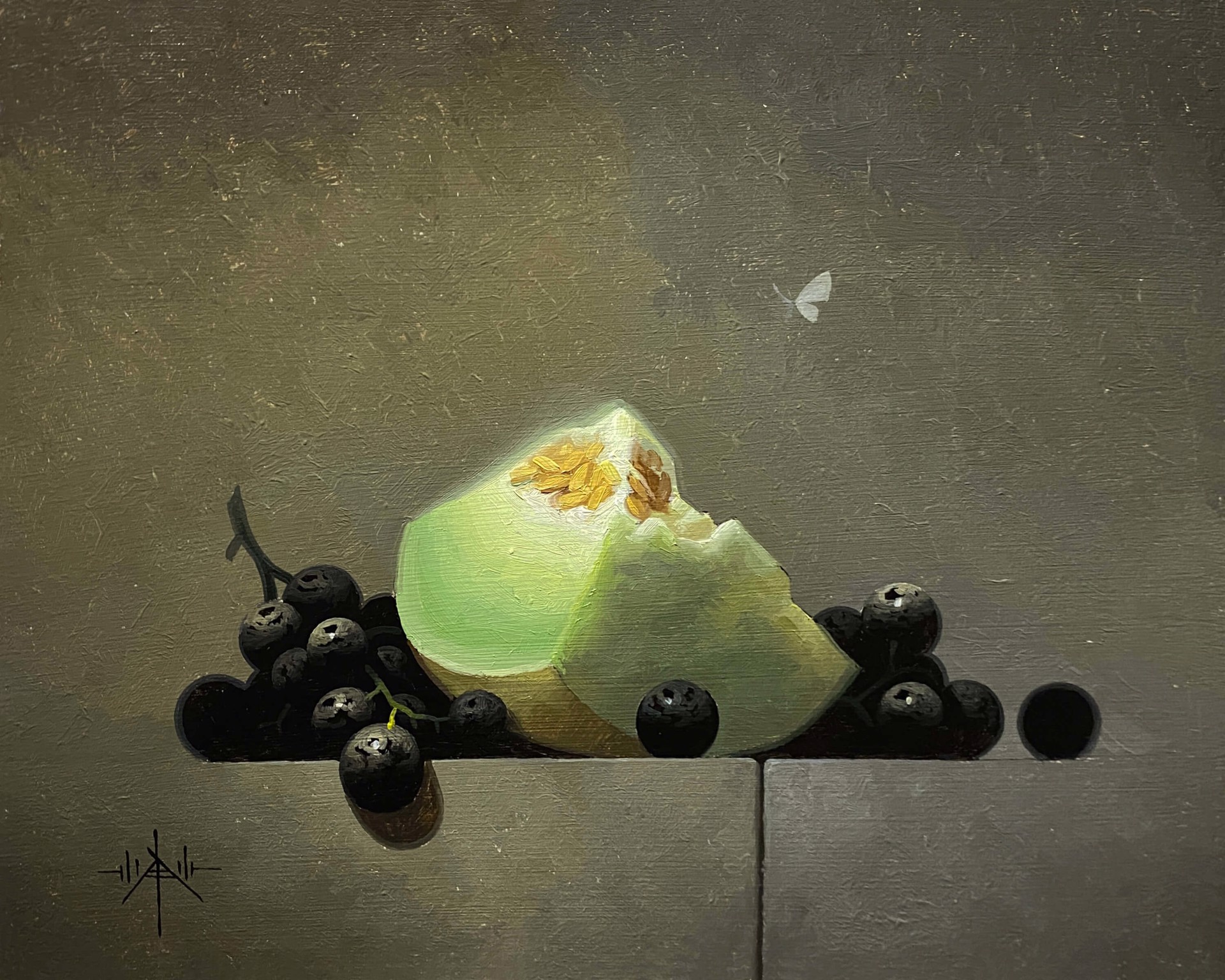 A painting of a piece of cheese and some blackberries.