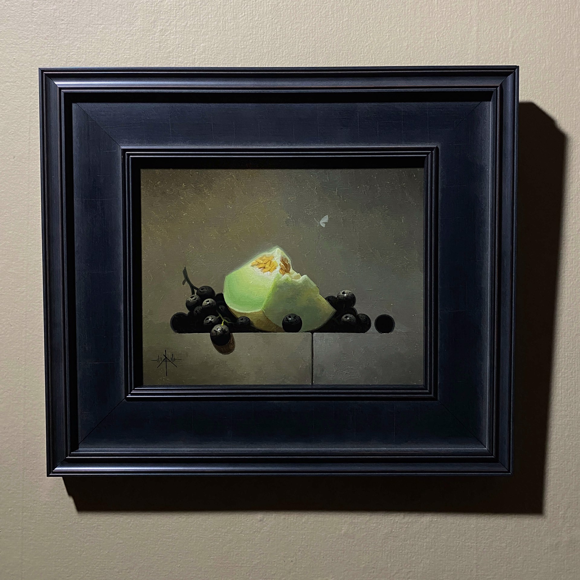 A painting of a piece of cheese and some blackberries.