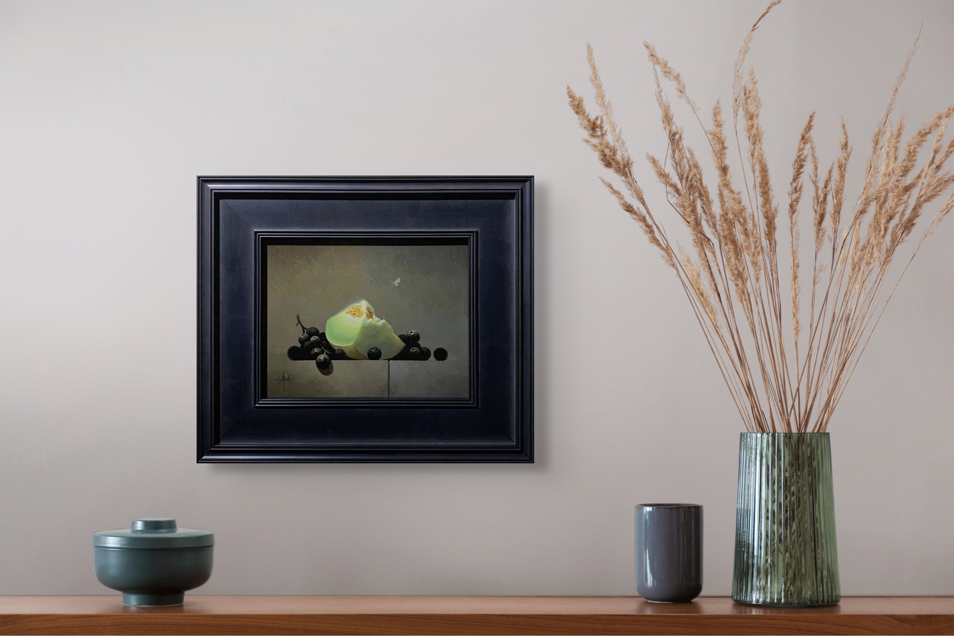 A painting of a piece of cheese and some blackberries.