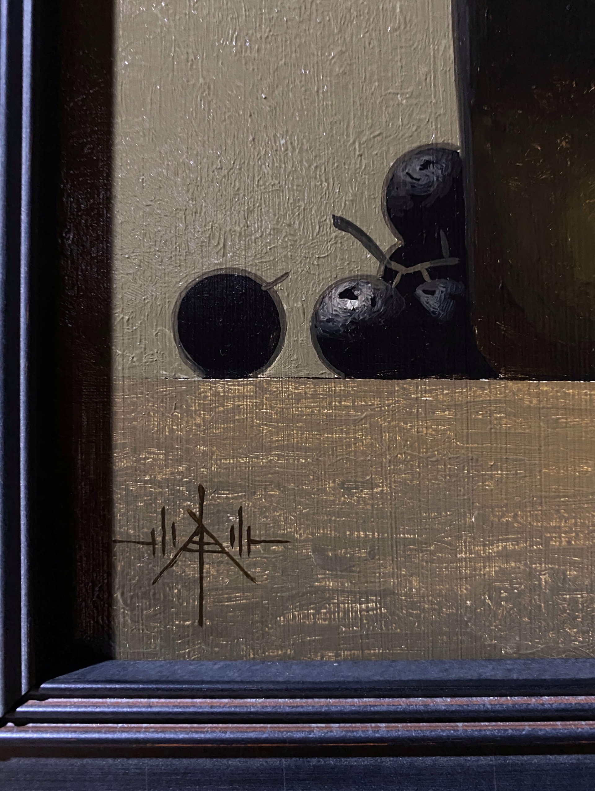 A still life painting featuring a dark bottle, a pear, and clusters of dark berries on a wooden surface.
