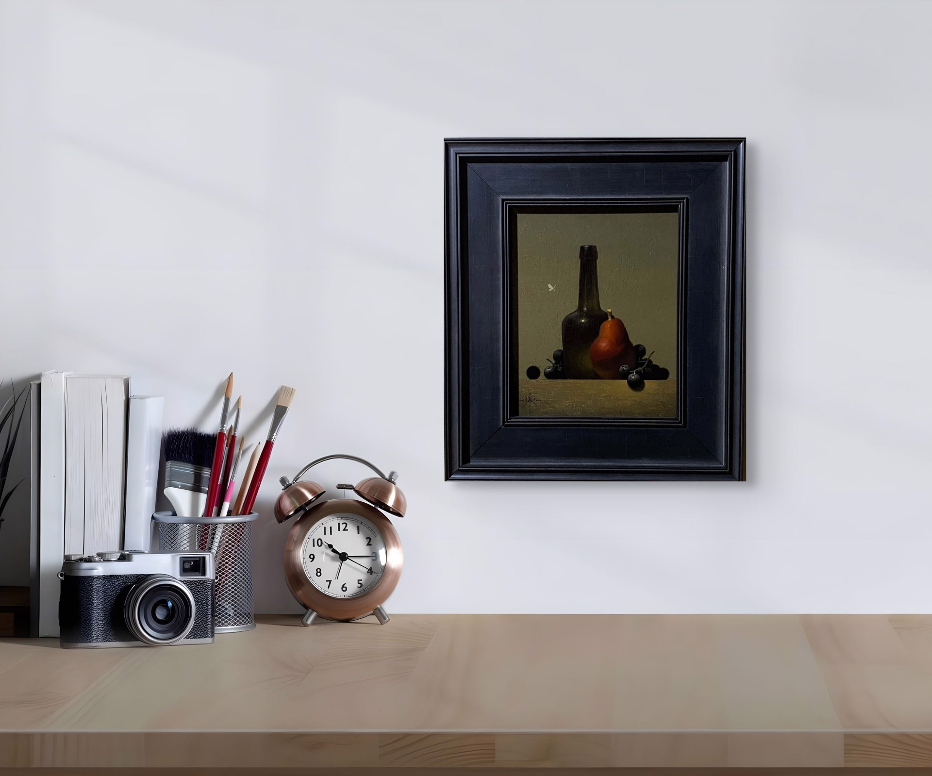 A still life painting featuring a dark bottle, a pear, and clusters of dark berries on a wooden surface.