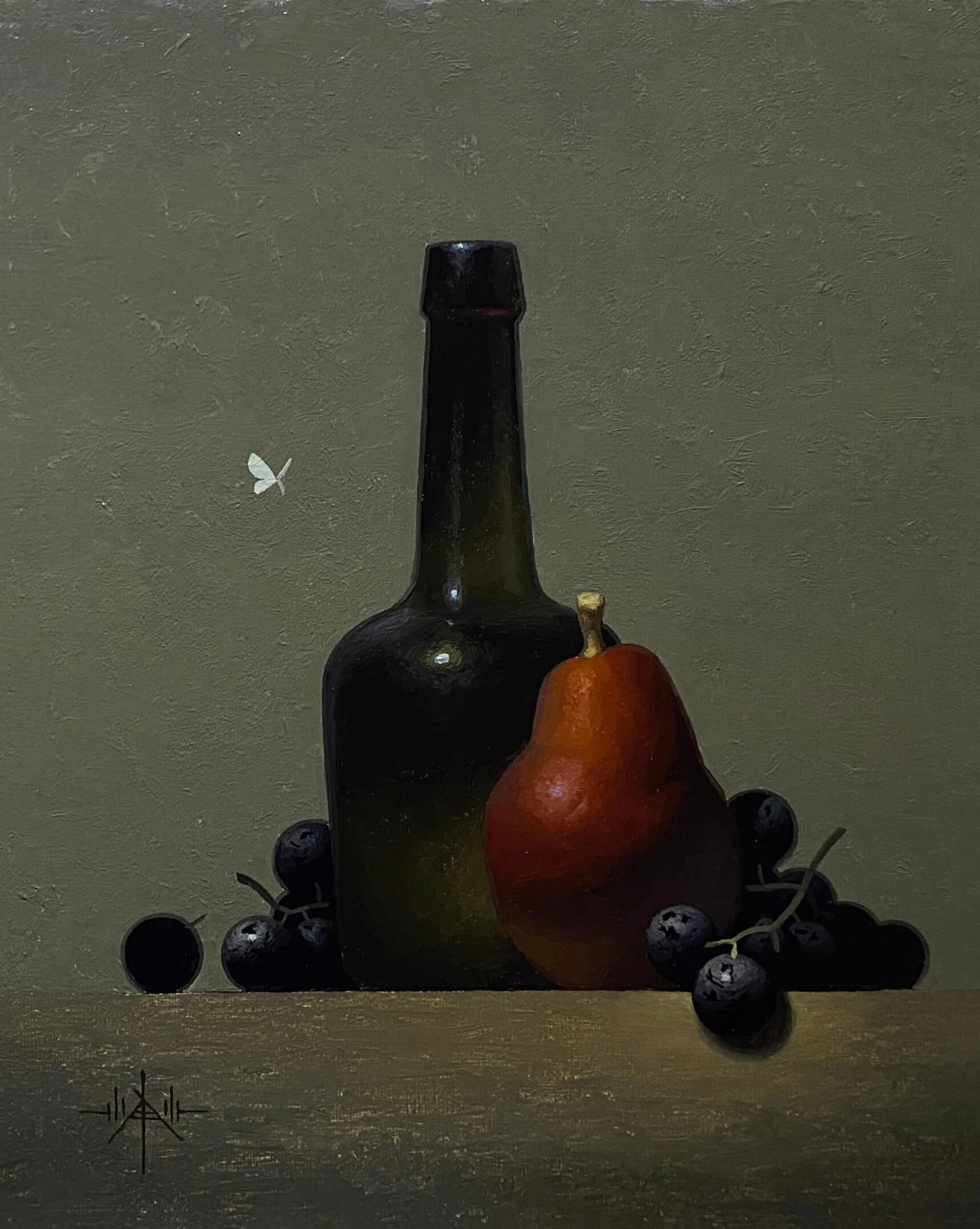 A still life painting featuring a dark bottle, a pear, and clusters of dark berries on a wooden surface.