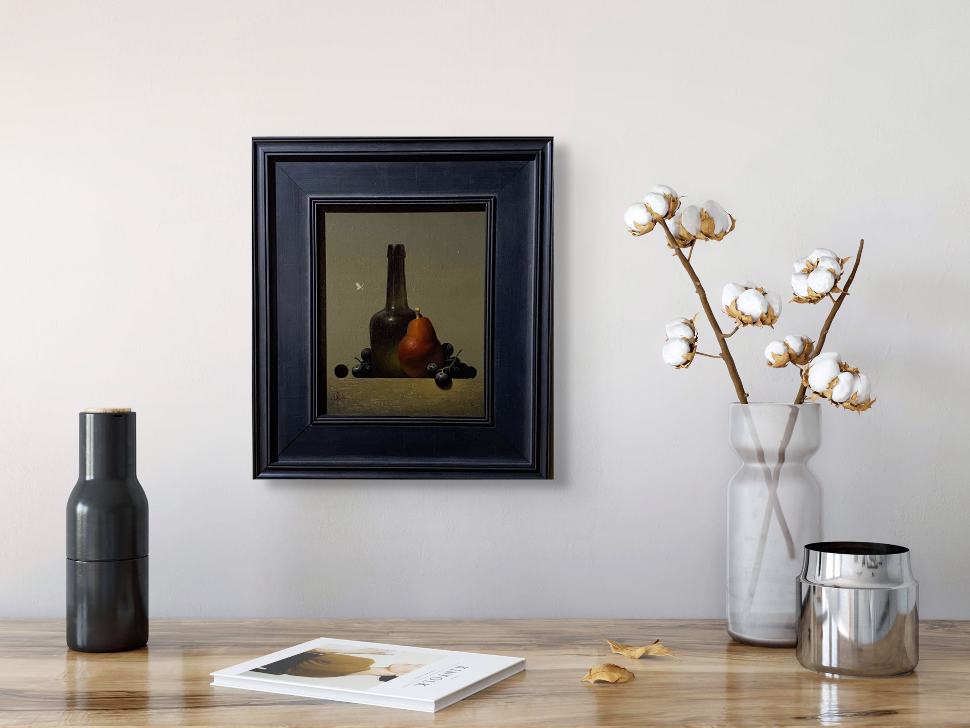 A still life painting featuring a dark bottle, a pear, and clusters of dark berries on a wooden surface.