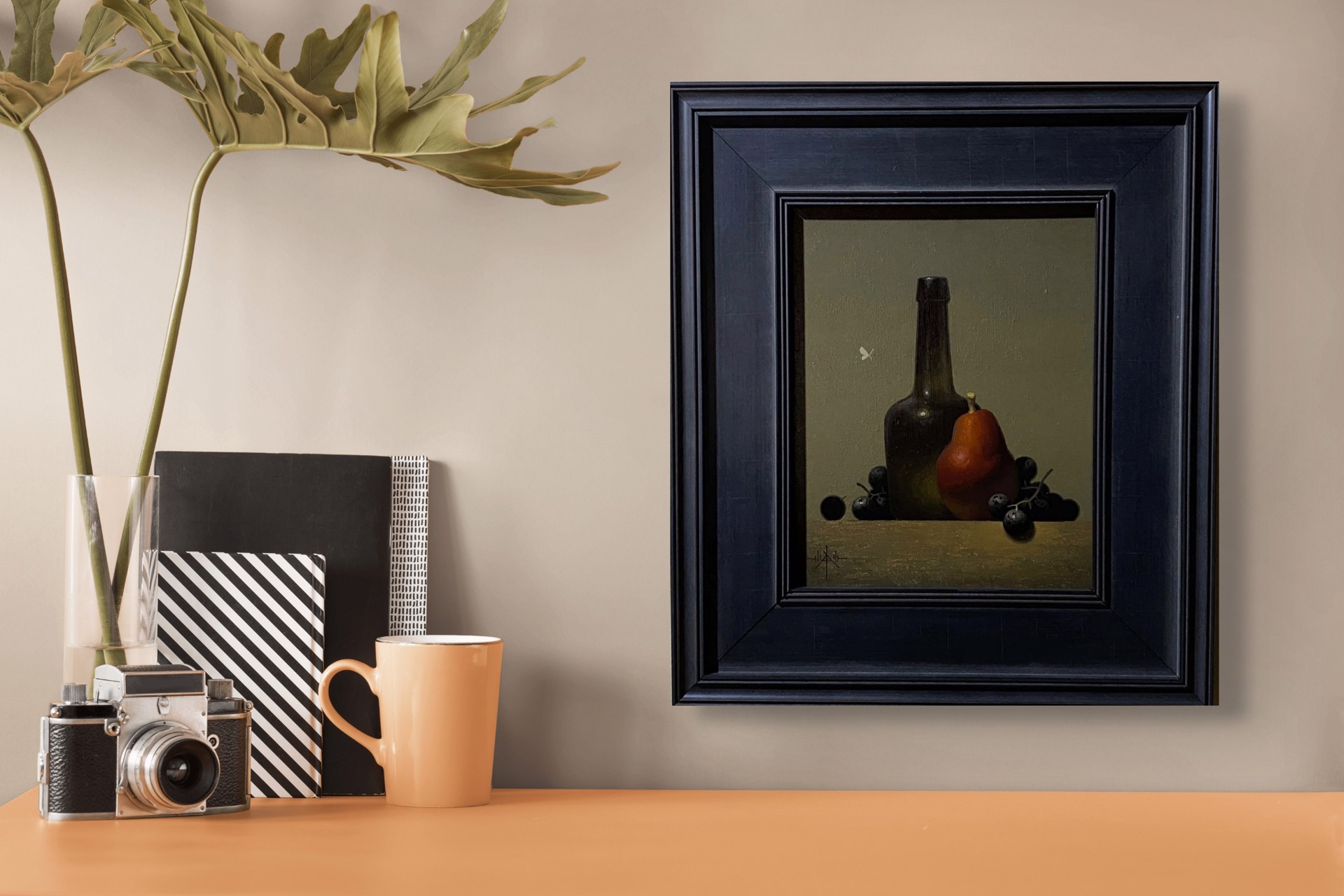 A still life painting featuring a dark bottle, a pear, and clusters of dark berries on a wooden surface.