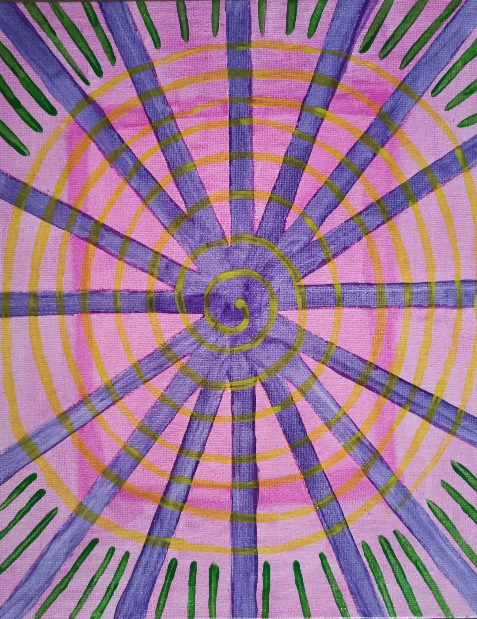A painting of a purple and green spiral design.