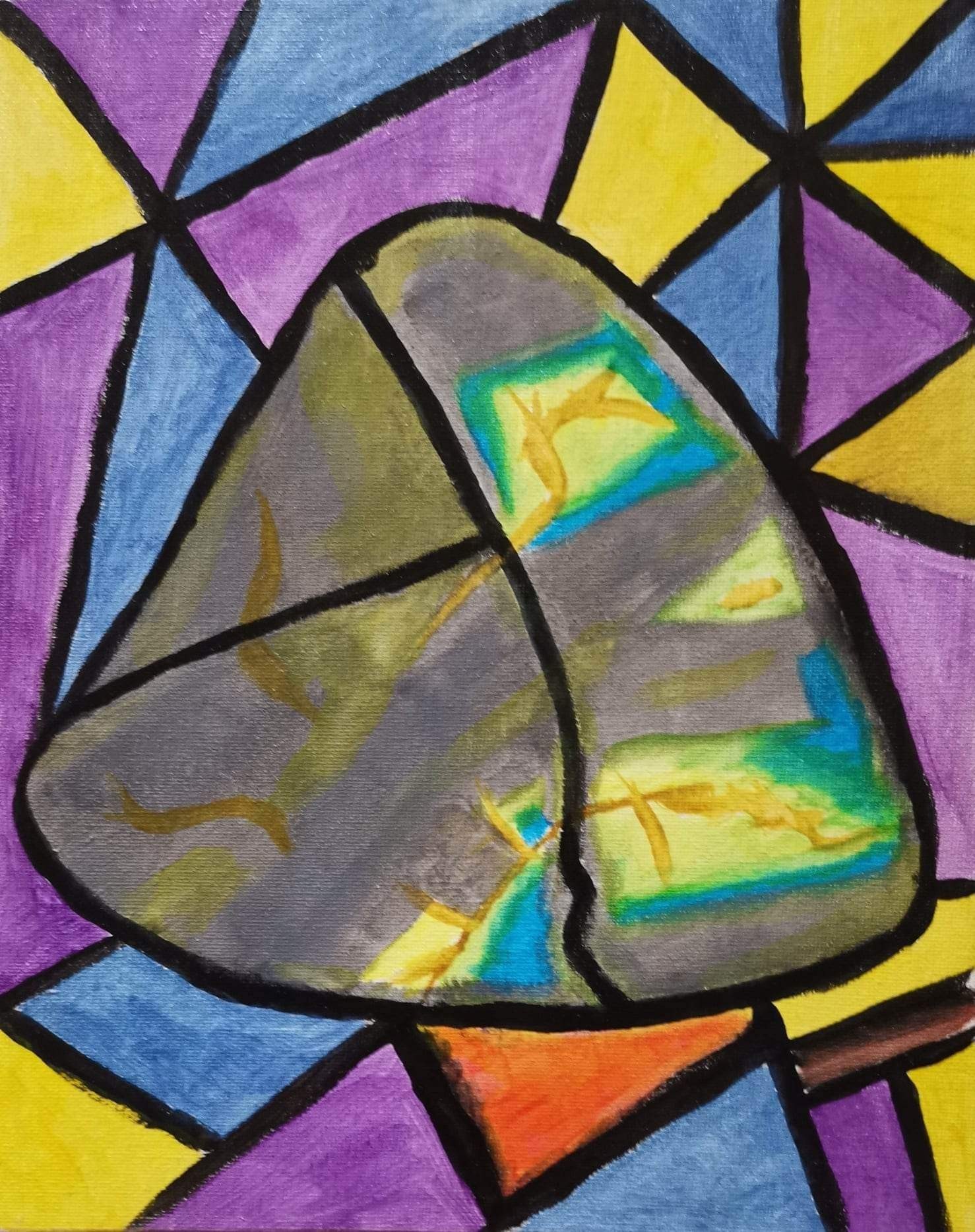 A painting of a rock in the middle of a stained glass window.