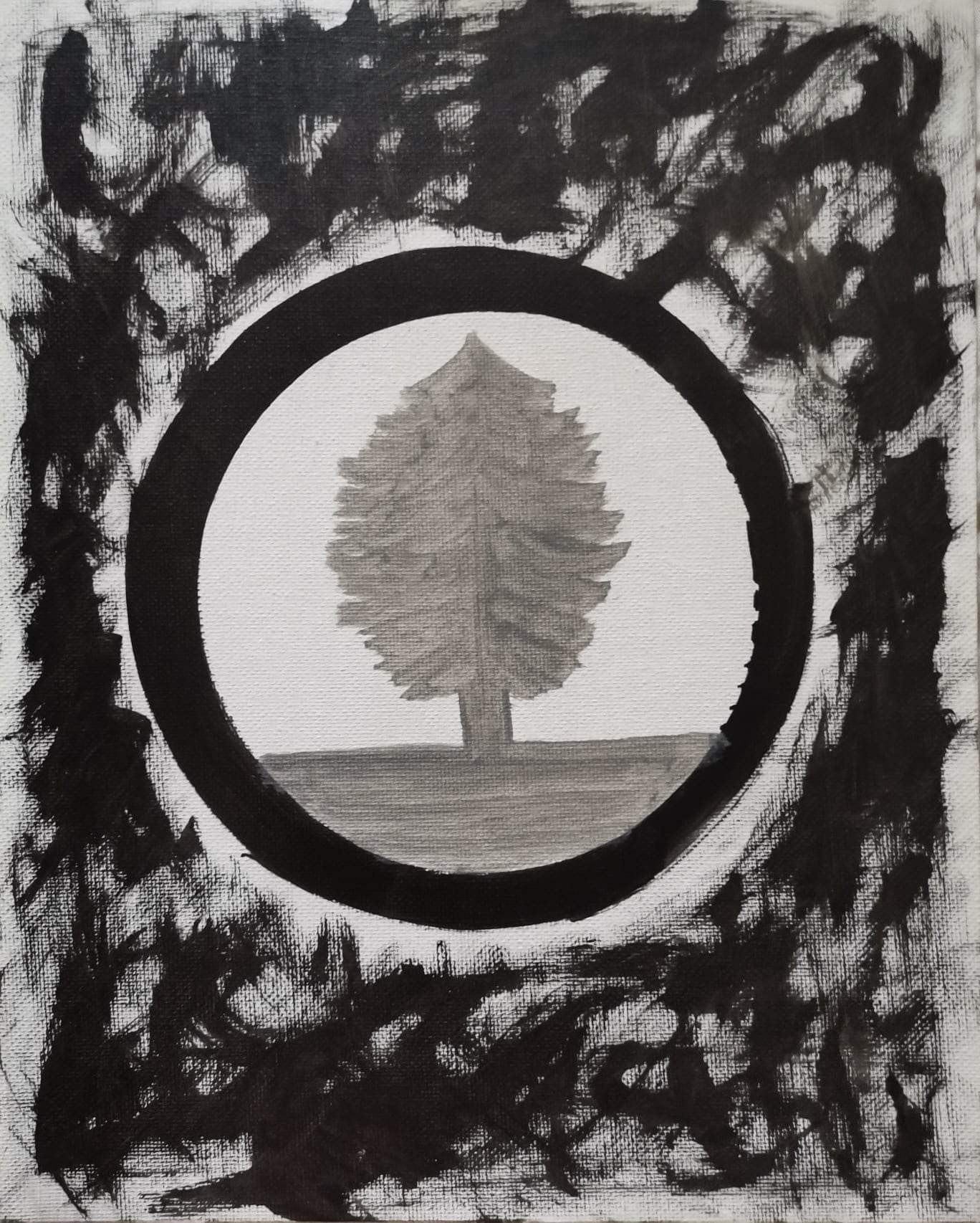 A black and white drawing of a tree in a circle.