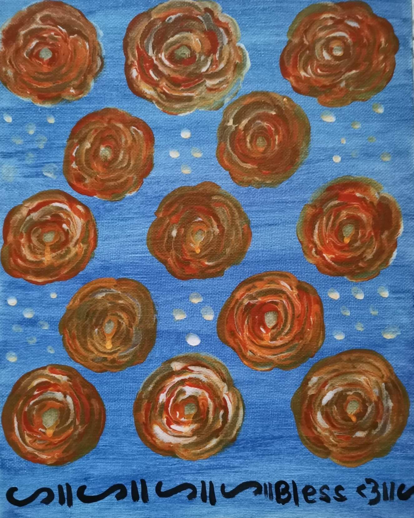 A painting of red roses on a blue background.