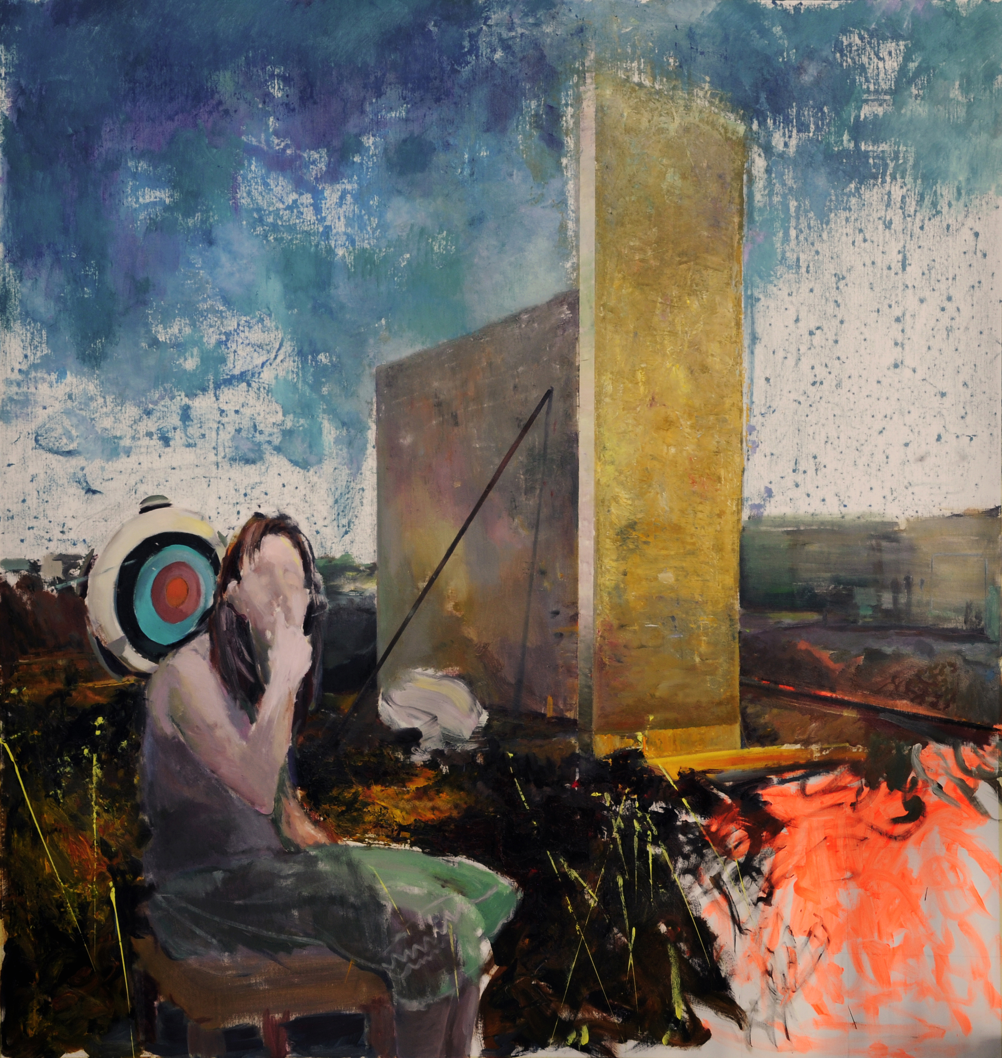 A painting of a woman sitting on a bench in front of a building.