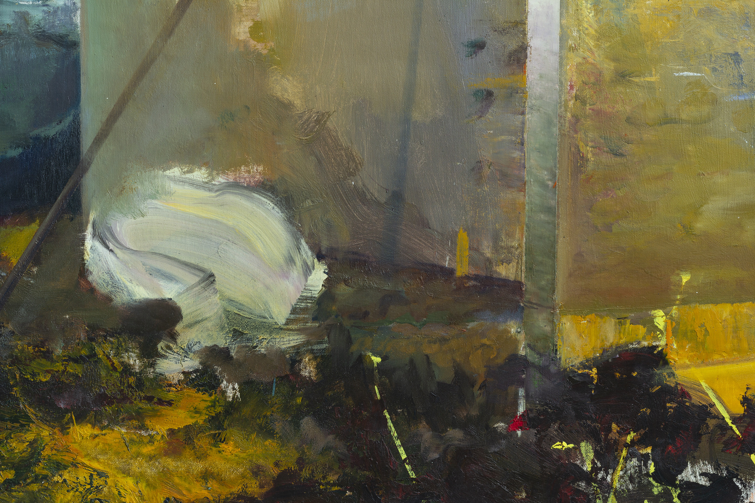 A painting of a woman sitting on a bench in front of a building.