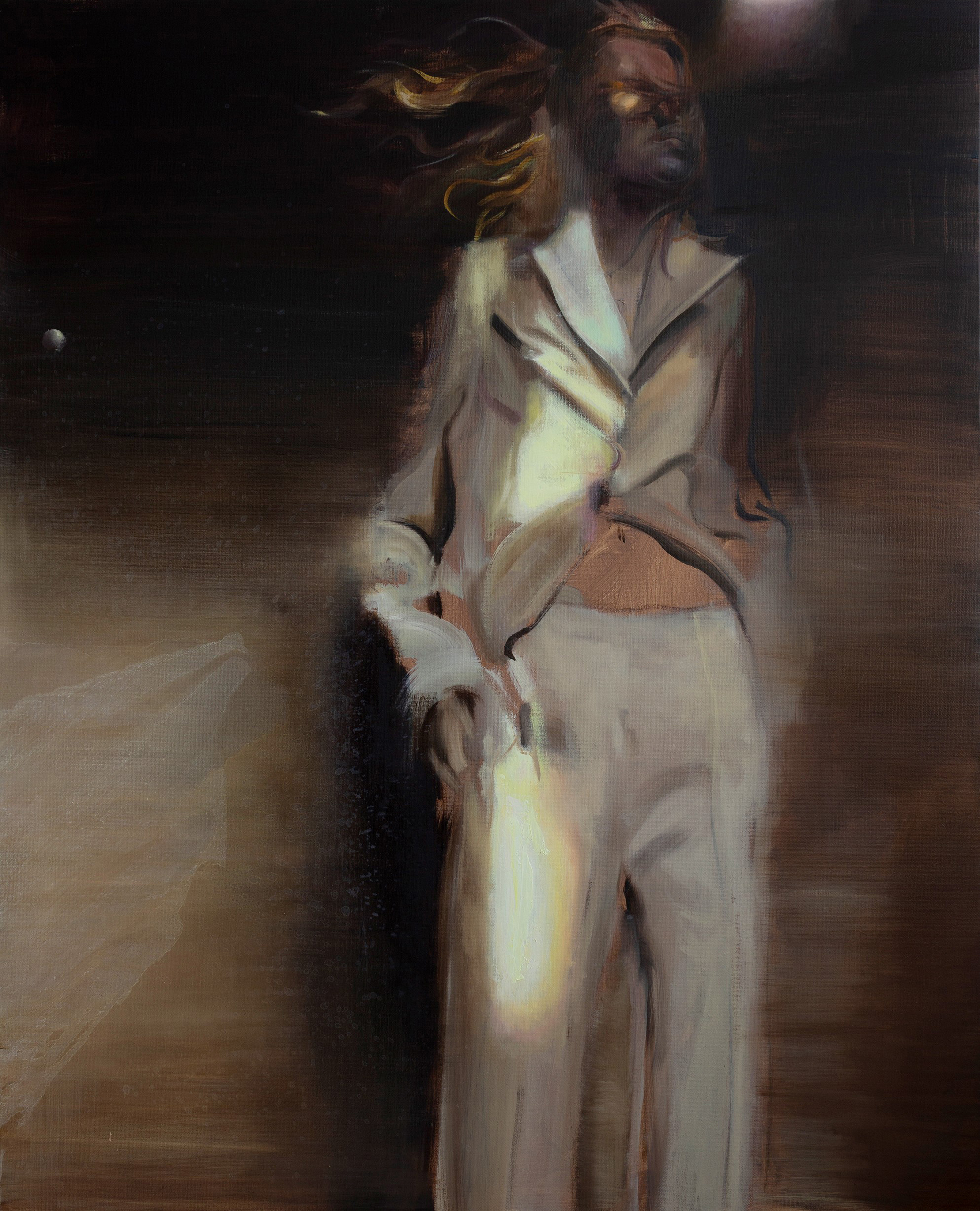 A painting of a man in a white suit standing in front of a dark background.