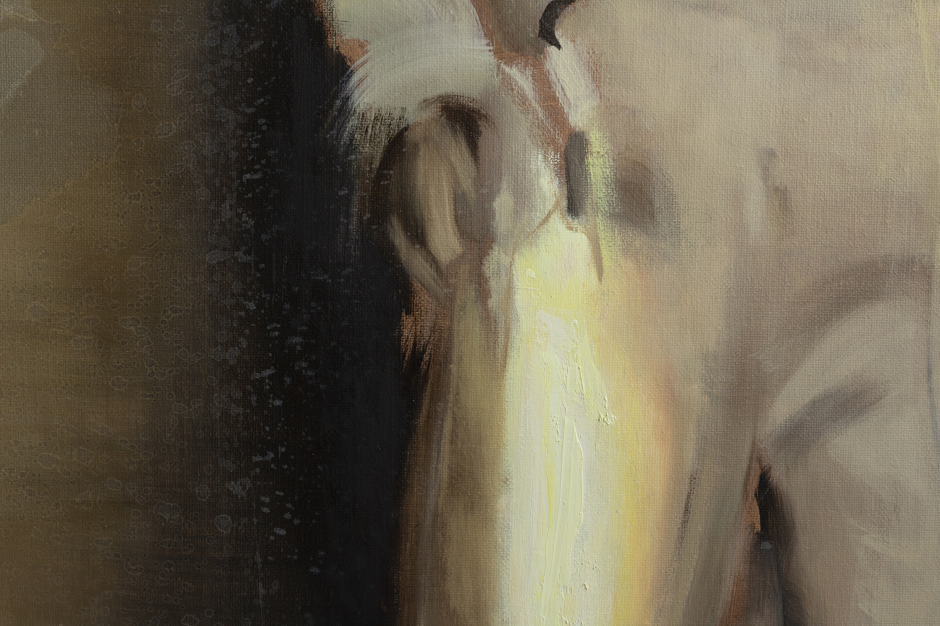 A painting of a man in a white suit standing in front of a dark background.