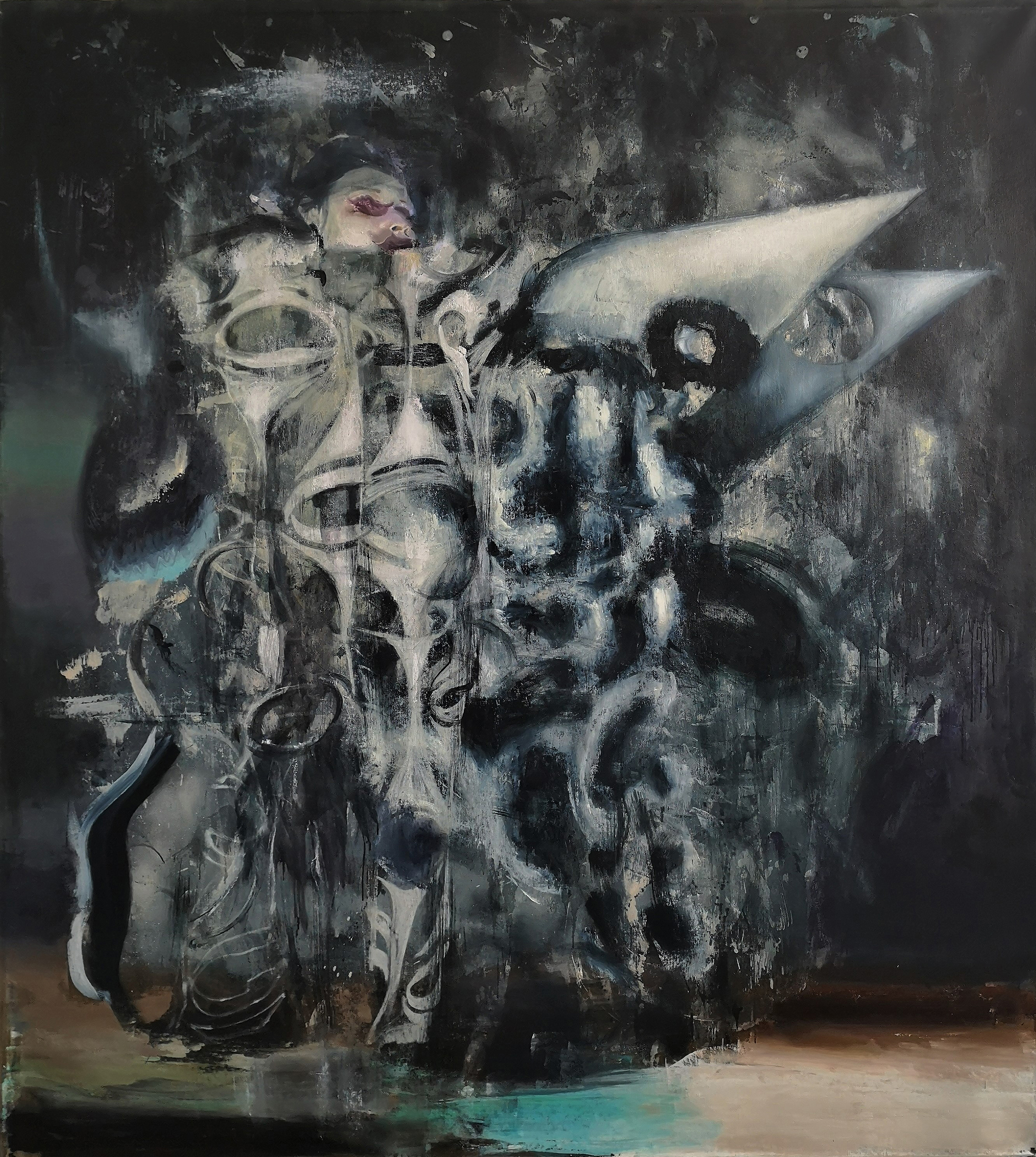 A painting of a black and white abstract painting on a wall.