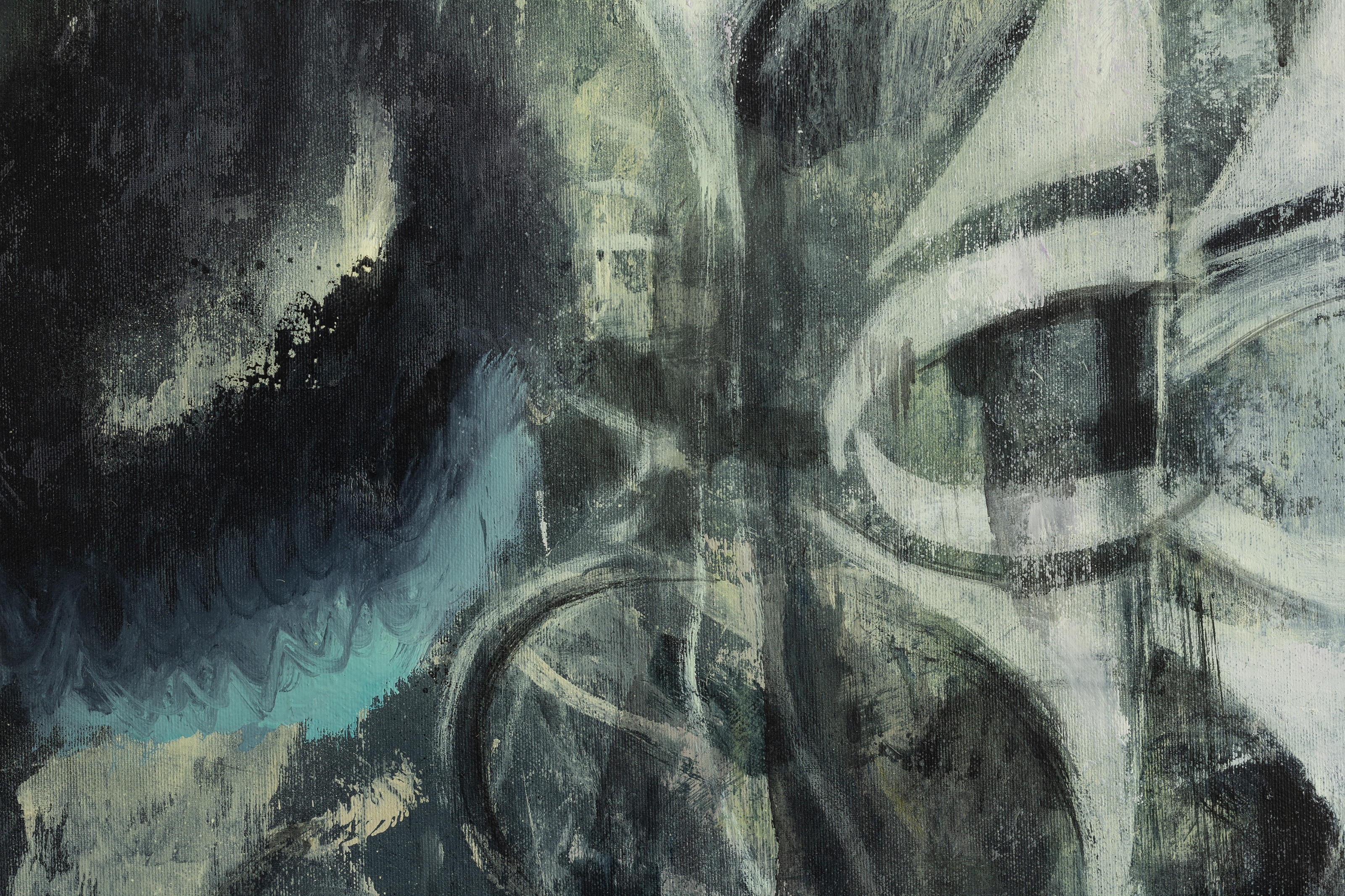 A painting of a black and white abstract painting on a wall.