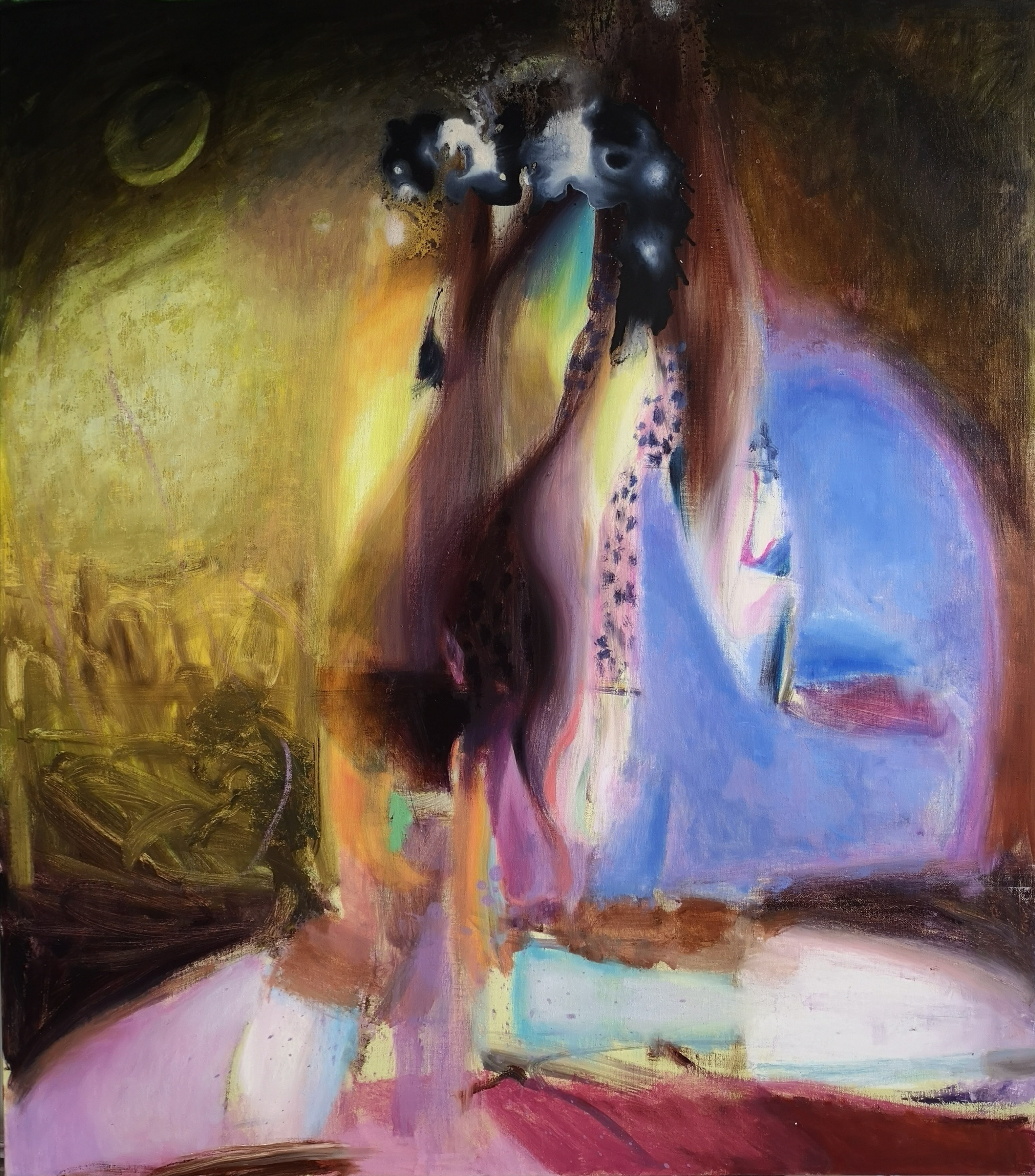 A painting of a woman sitting on a bed.