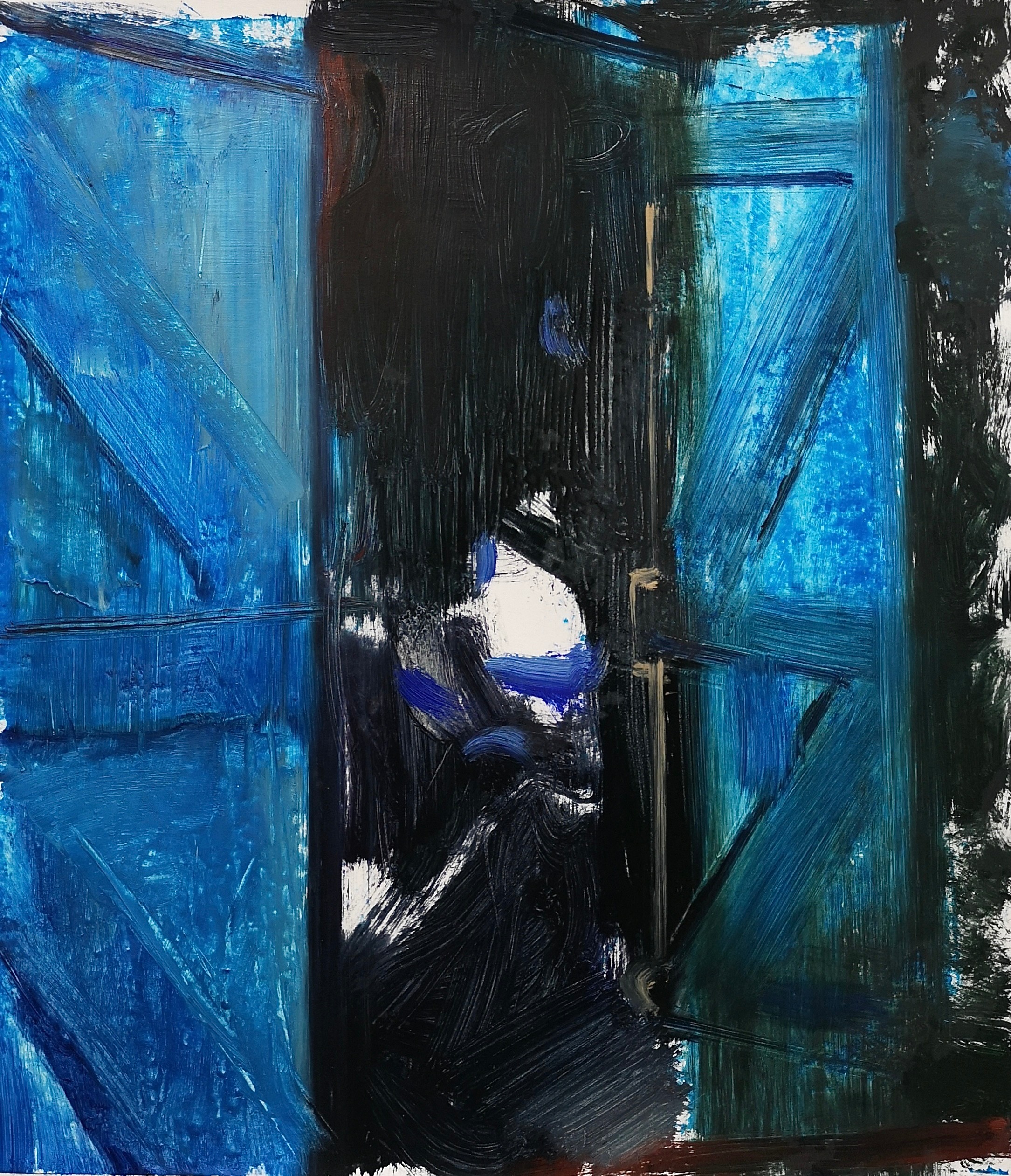 A painting of a blue door with a black and white background.