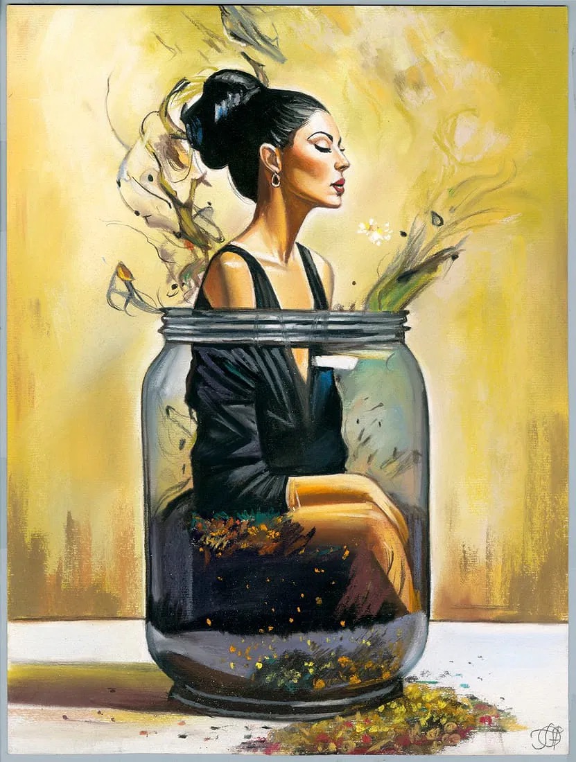 A surreal portrait of a woman trapped inside a large glass jar, with smoke and flowers swirling around her.