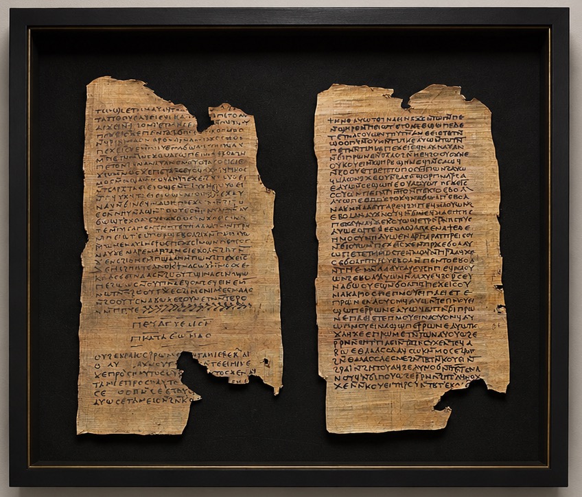 A framed display of two ancient-looking parchment scrolls filled with dense text.