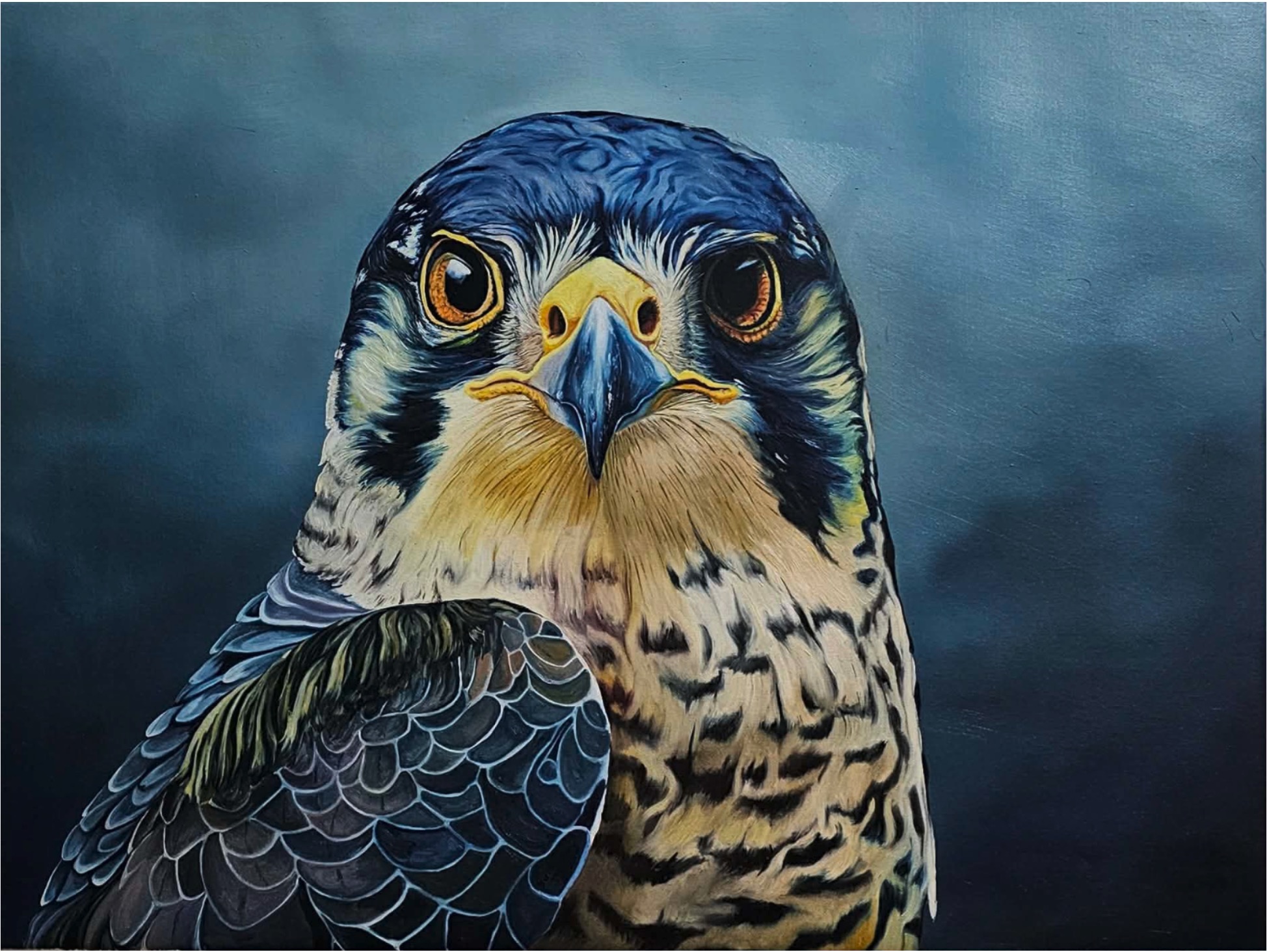 A realistic portrait of a bird with intense eyes and detailed feathers against a dark background.
