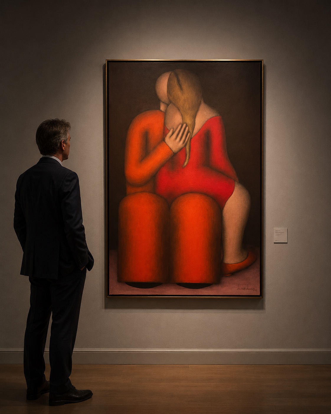 A man in a suit observes a painting of two figures embracing on red chairs.