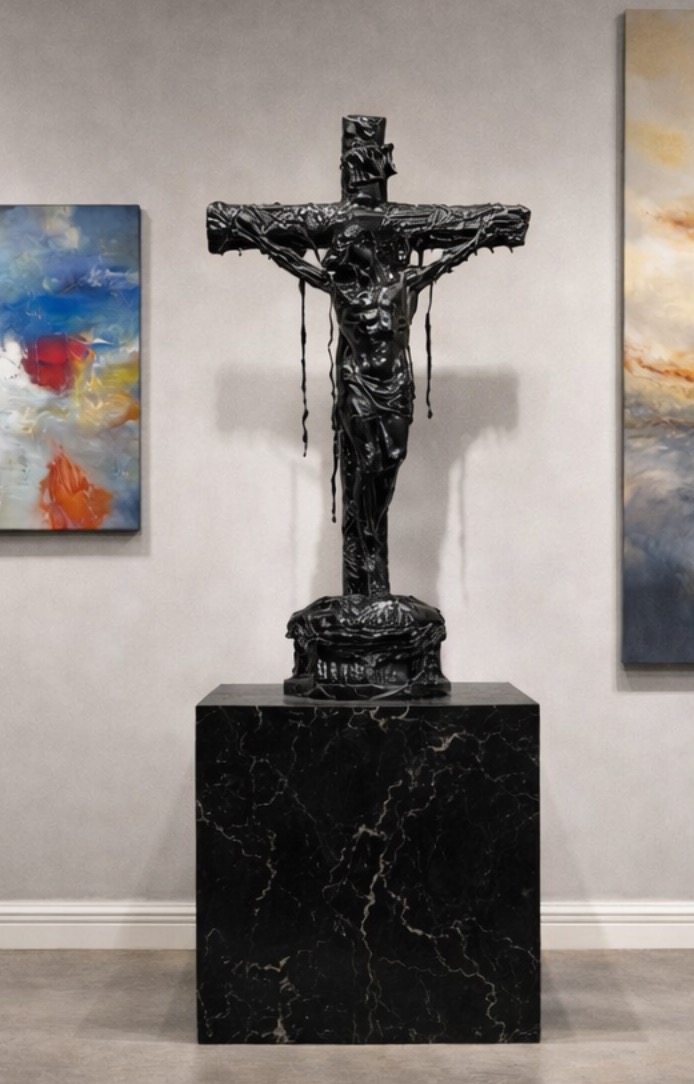 A dark, textured sculpture of a crucifixion scene displayed on a black marble pedestal.