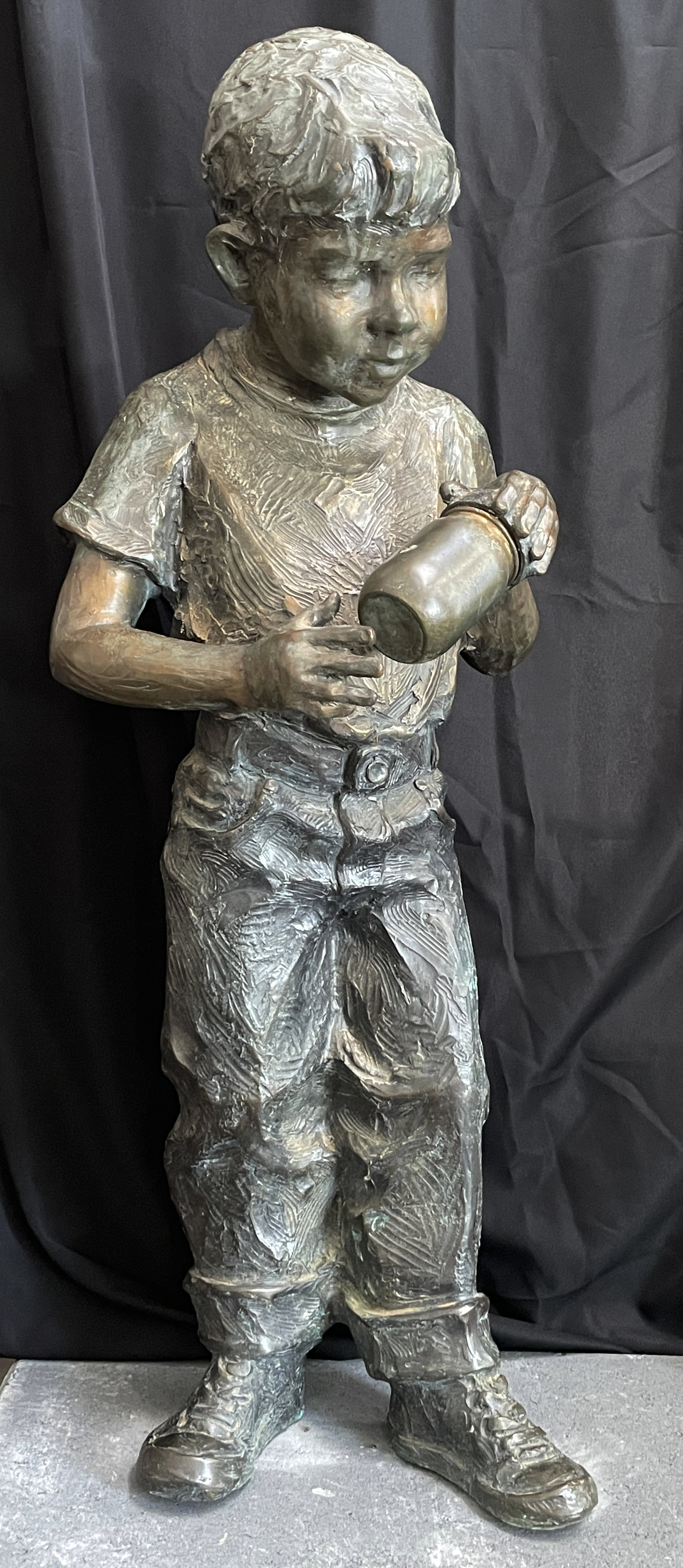 42.5” DeDecker Bronze Sculpture: Titled “Boy with Jar” by Jane DeDecker, 1993