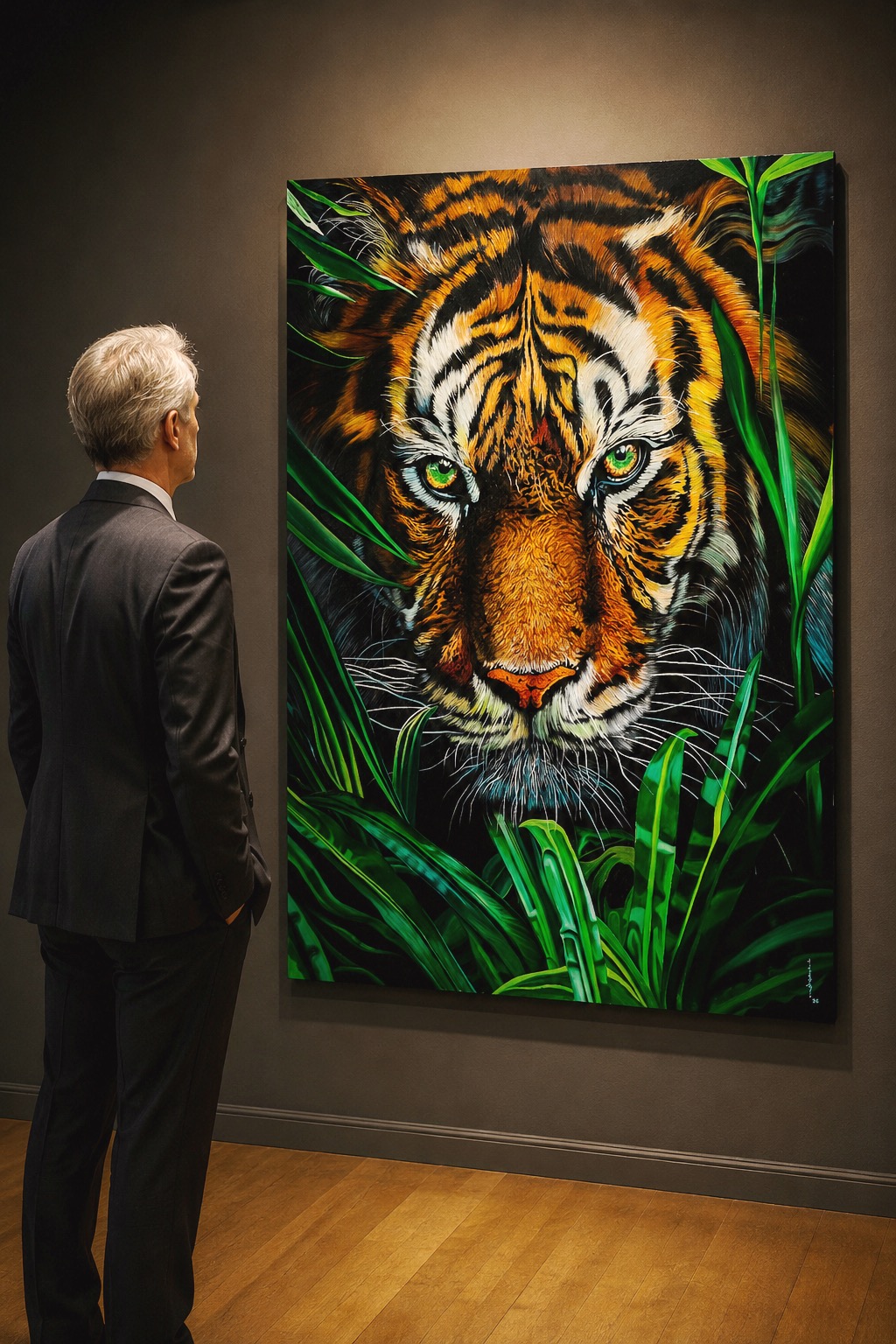 A person in a suit observes a large, hyper-realistic tiger painting amidst lush green foliage.