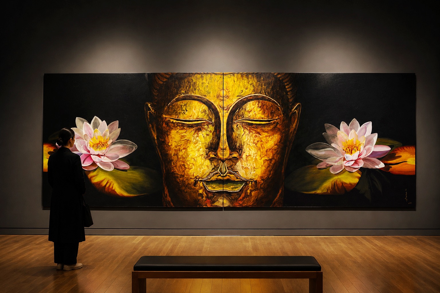 A person stands in a gallery, observing a large painting of a golden face flanked by pink lotus flowers.