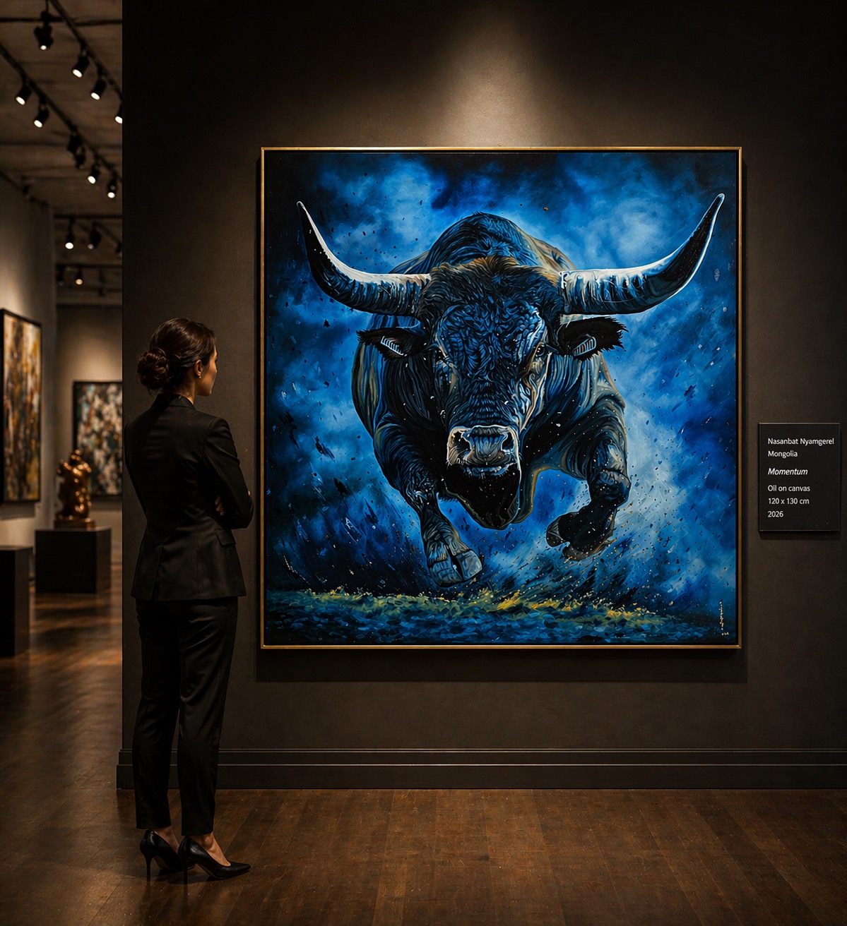 A woman in a black suit observes a large, dynamic painting of a bull against a deep blue background.