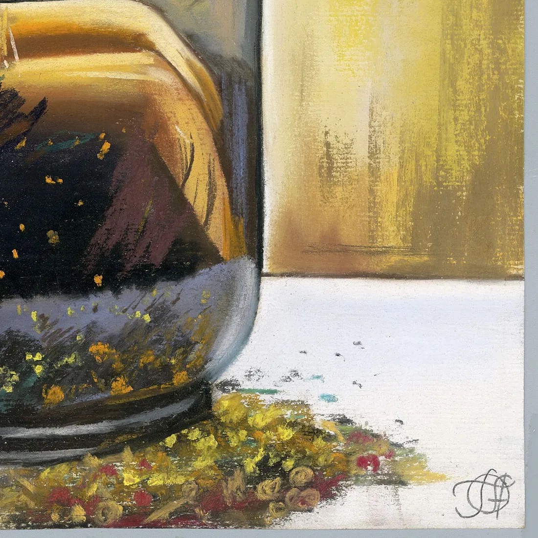 A surreal portrait of a woman trapped inside a large glass jar, with smoke and flowers swirling around her.