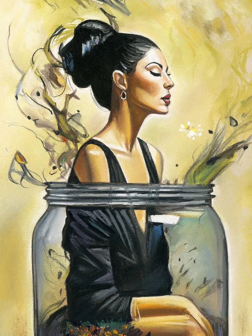 A surreal portrait of a woman trapped inside a large glass jar, with smoke and flowers swirling around her.