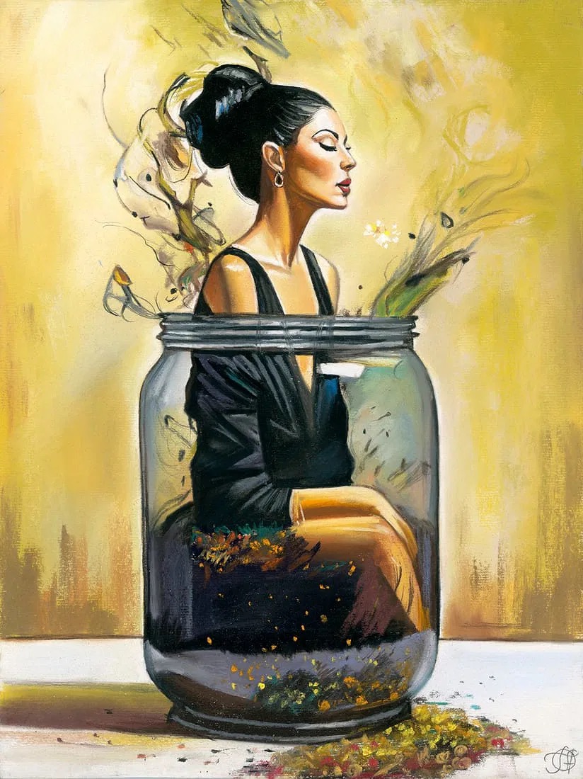 A surreal portrait of a woman trapped inside a large glass jar, with smoke and flowers swirling around her.