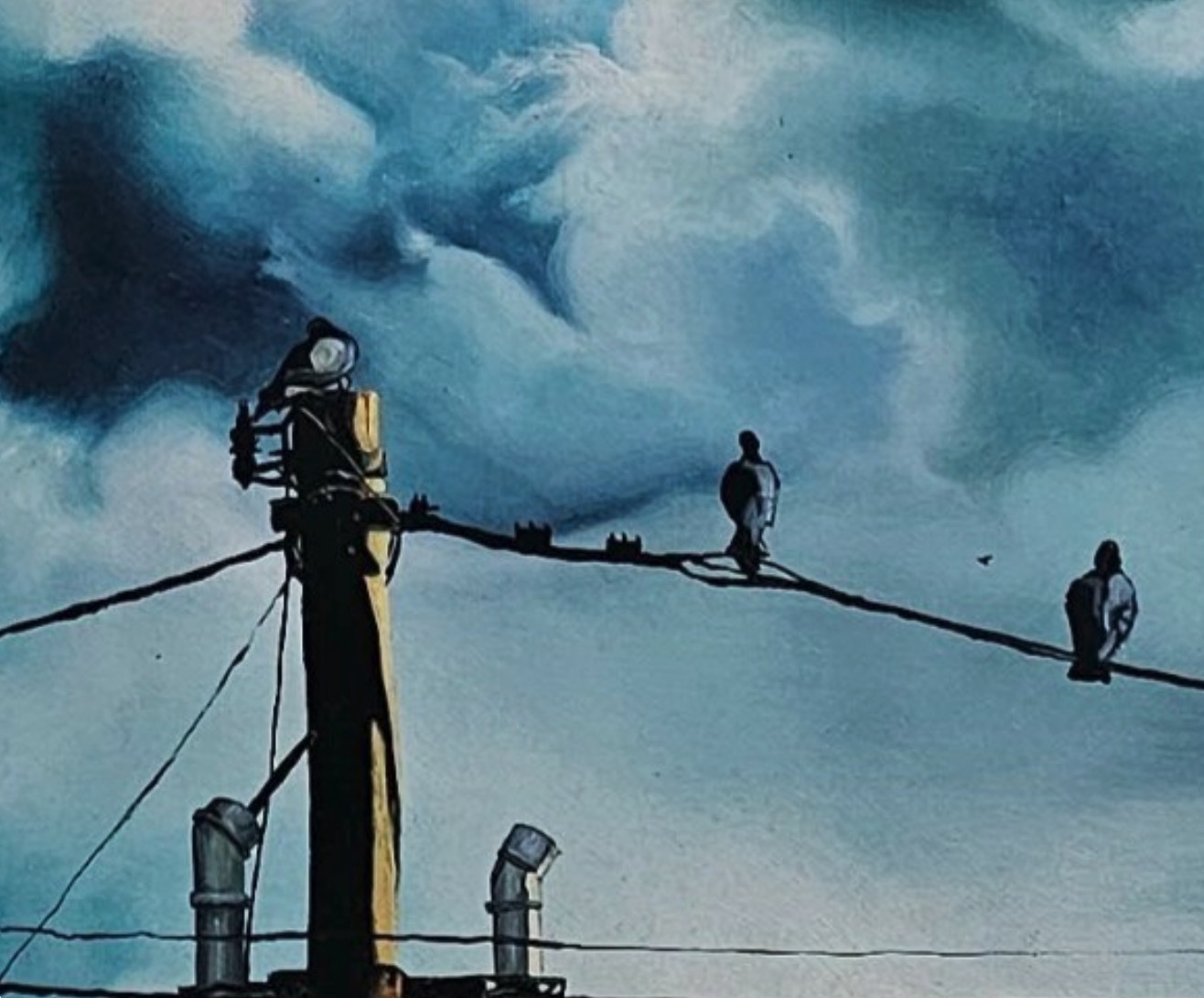 A surreal landscape where figures sit on power lines beneath a vast, dramatic sky.