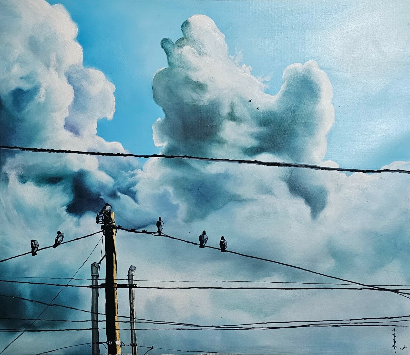 A surreal landscape where figures sit on power lines beneath a vast, dramatic sky.