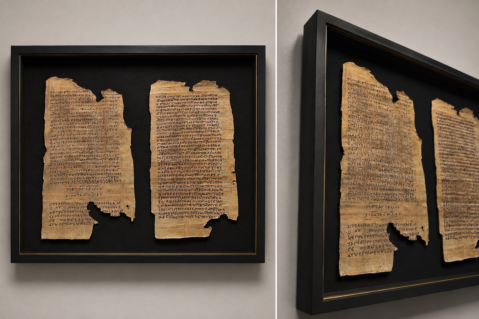 A framed display of two ancient-looking parchment scrolls filled with dense text.